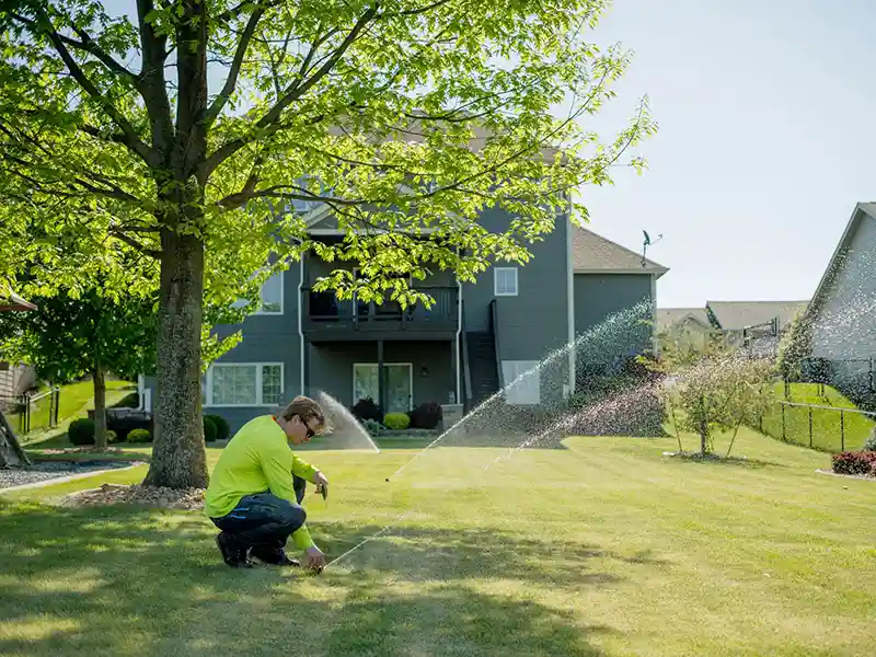 Worker inspecting sprinkler system